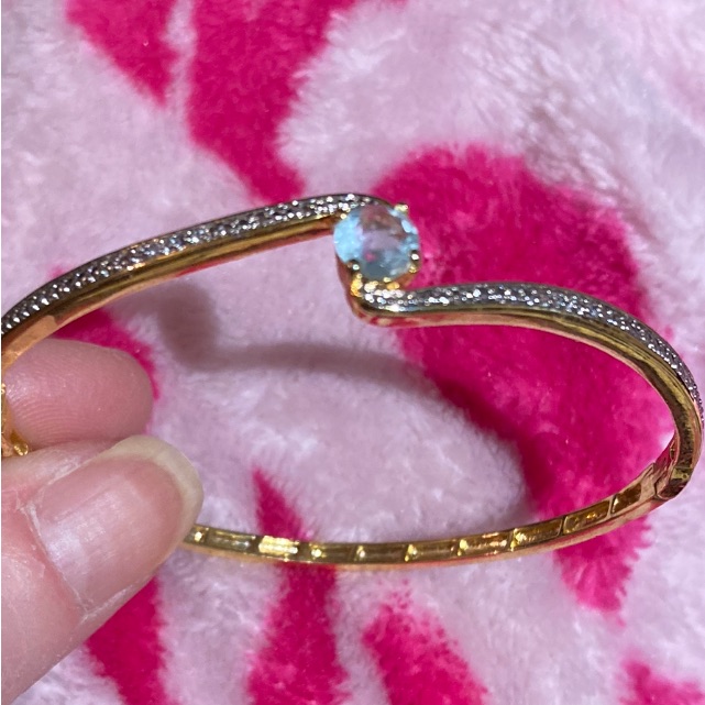 New!! Natural Blue Topaz 14k Gold Over Silver Hinged Bangle Bracelet